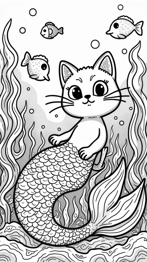 cat mermaid coloring page